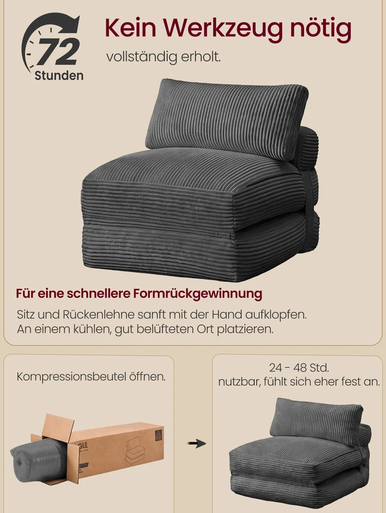 Songmics Išlankstomas miegamasis fotelis su pagalve, švino pilkas, 89 × 89 × 78 cm / 89 × 195 × 43 cm