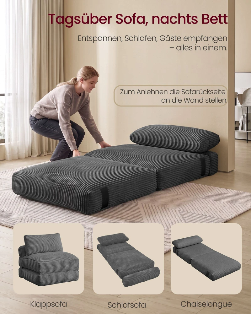 Songmics Išlankstomas miegamasis fotelis su pagalve, švino pilkas, 89 × 89 × 78 cm / 89 × 195 × 43 cm