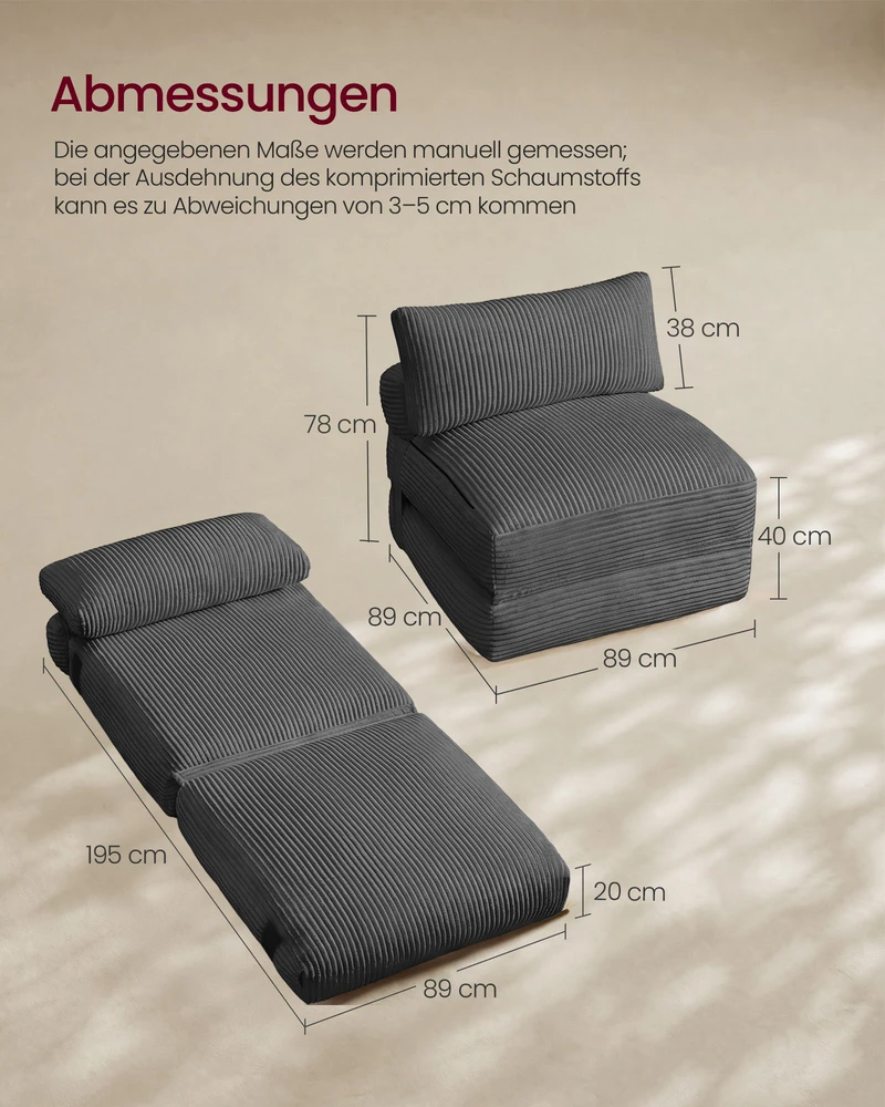 Songmics Išlankstomas miegamasis fotelis su pagalve, švino pilkas, 89 × 89 × 78 cm / 89 × 195 × 43 cm