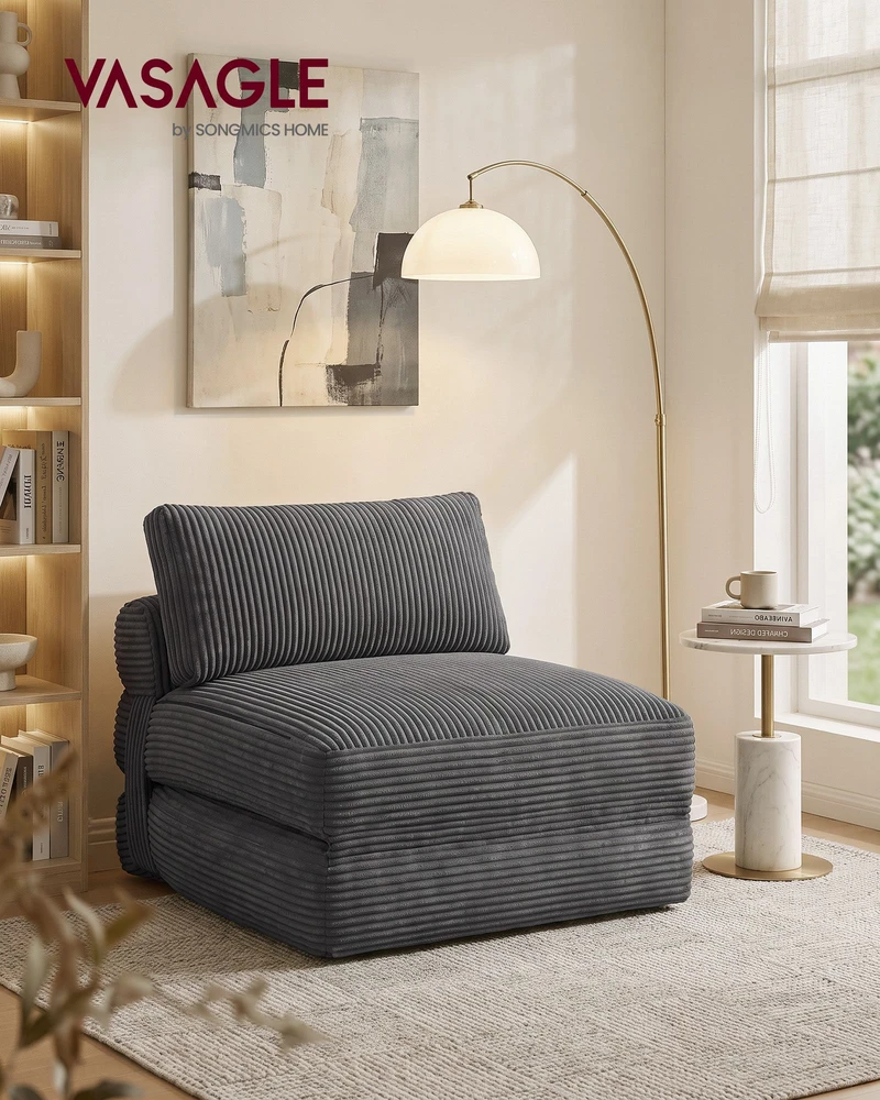 Songmics Išlankstomas miegamasis fotelis su pagalve, švino pilkas, 89 × 89 × 78 cm / 89 × 195 × 43 cm