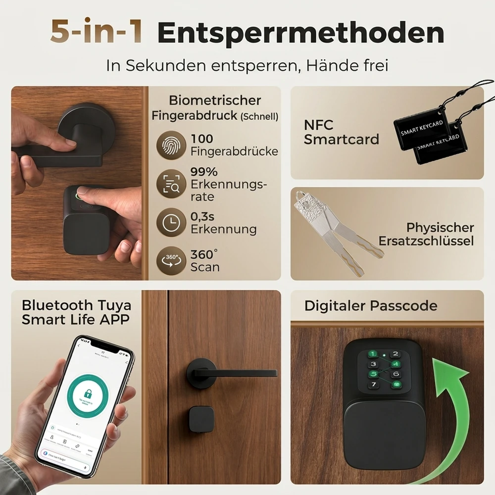 Išmanusis durų cilindras su pirštų atspaudų skaitytuvu ir Bluetooth, juodas / sidabrinis, 4,2 × 4,2 × 16 cm
