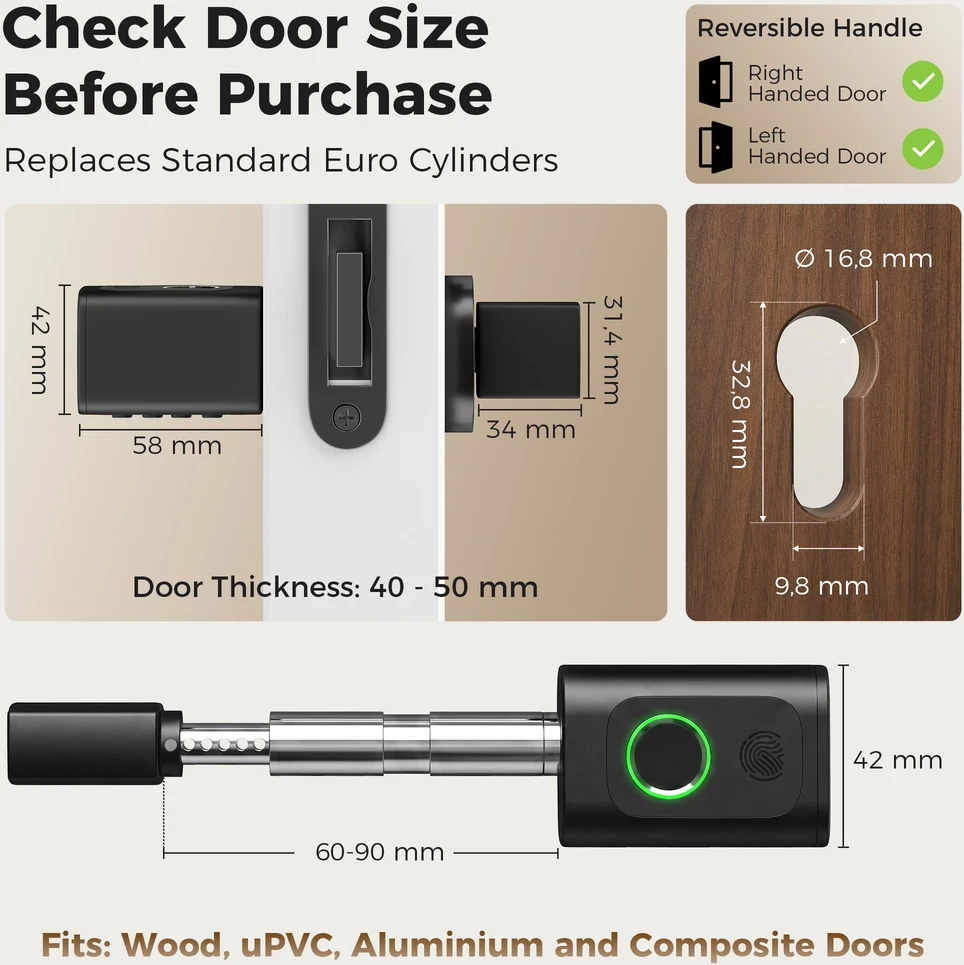 Išmanusis durų cilindras su pirštų atspaudų skaitytuvu ir Bluetooth, juodas / sidabrinis, 4,2 × 4,2 × 16 cm