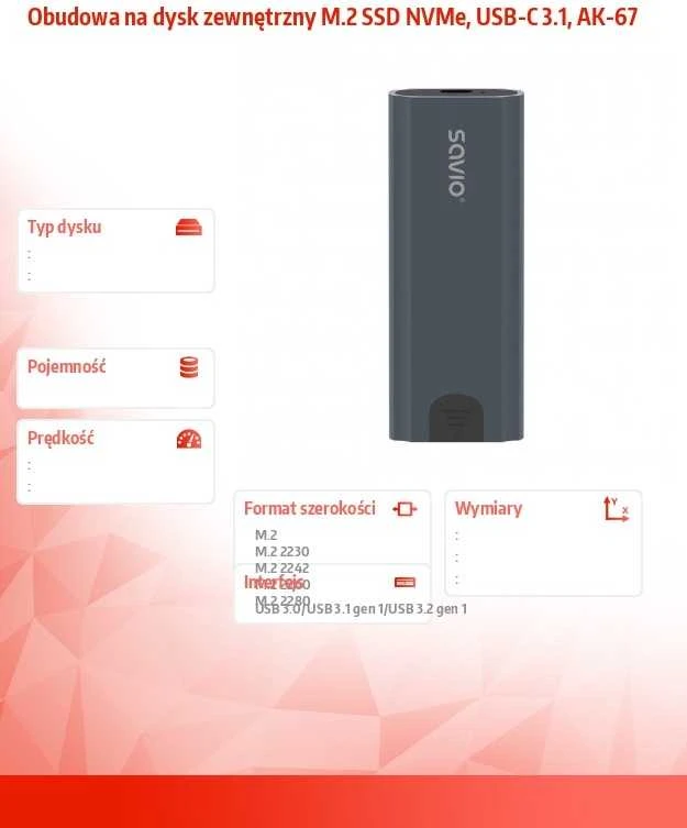 Savio M.2 SSD NVMe išorinio disko korpusas, USB-C 3.1, AK-67, pilkas