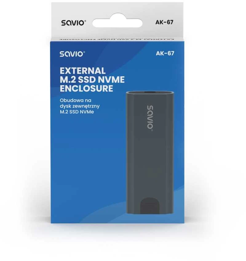 Savio M.2 SSD NVMe išorinio disko korpusas, USB-C 3.1, AK-67, pilkas