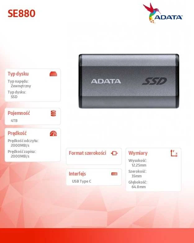 ADATA Išorinis kietasis diskas SSD SE880 4TB Pilkas