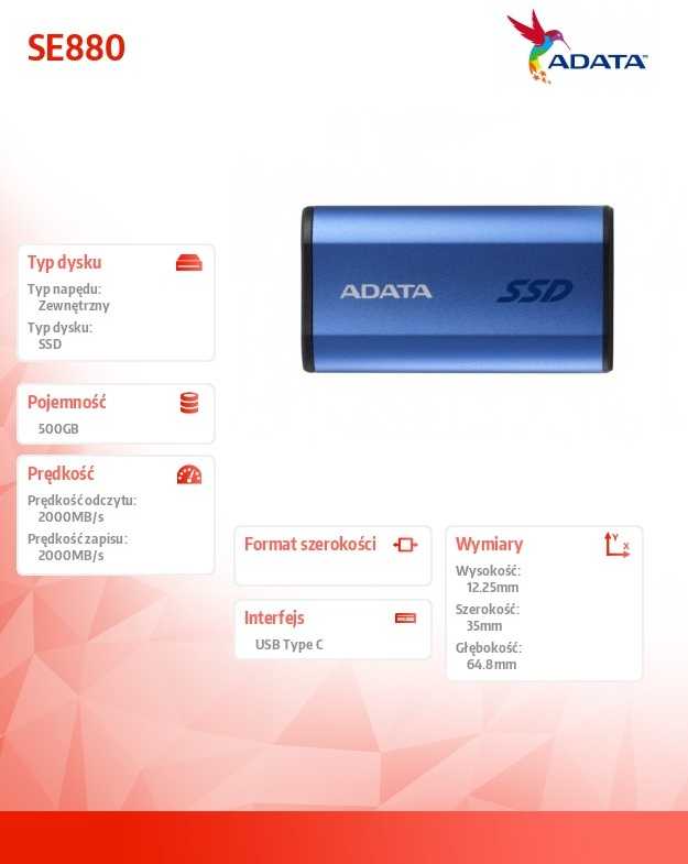 Kietasis diskas Adata SE880 500GB SSD mėlyna