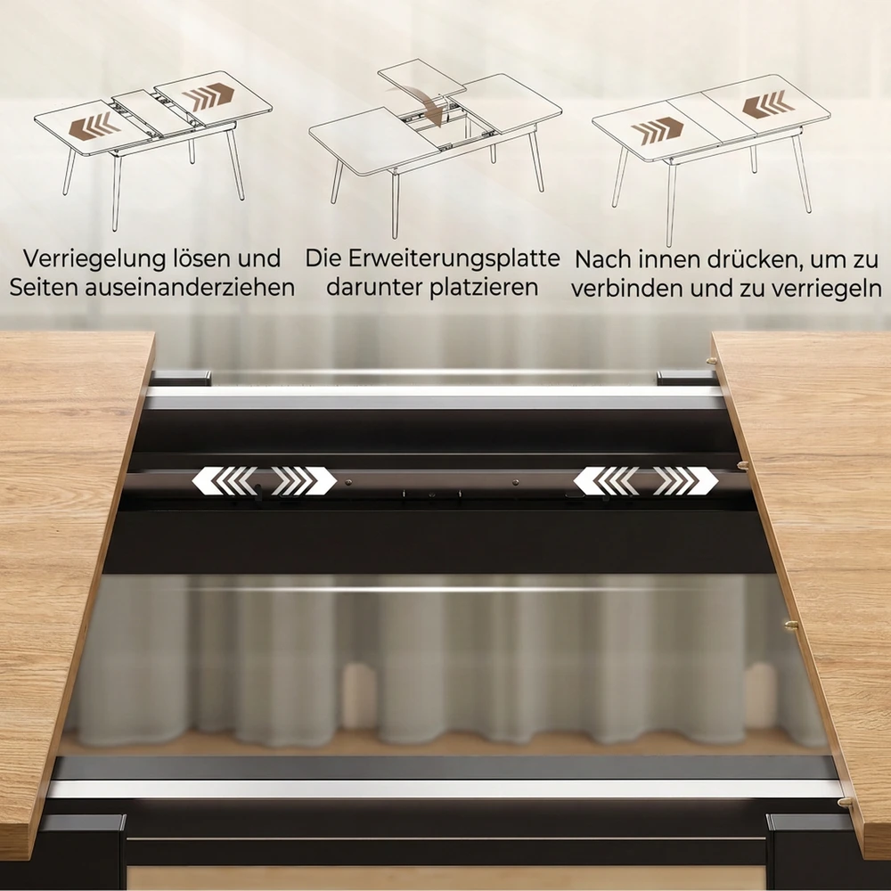 Išskleidžiamas valgomojo stalas 4–6 vietoms su užapvalintais kampais, ąžuolo ir juodos spalvos, 130–160 x 85 x 75 cm
