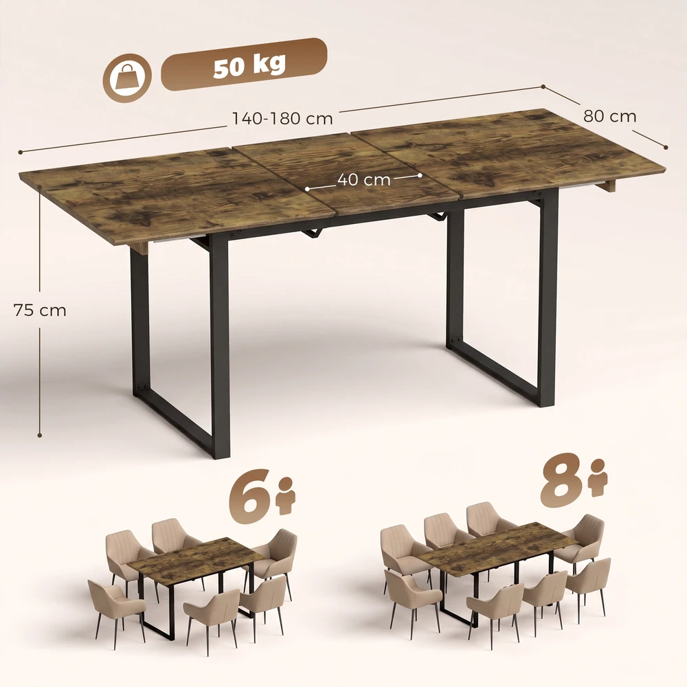 Išskleidžiamas valgomojo stalas 6–8 asmenims, su plieniniu rėmu, tigrinės medienos imitacijos ir juodas, 140–180 × 80 × 75 cm
