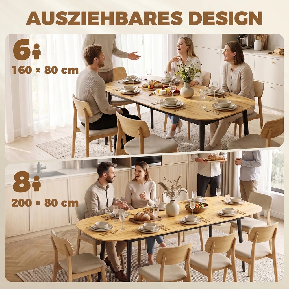 Išskleidžiamas valgomojo stalas 6–8 asmenims, ąžuolo spalvos ir juodas, 160–200 x 80 x 76 cm
