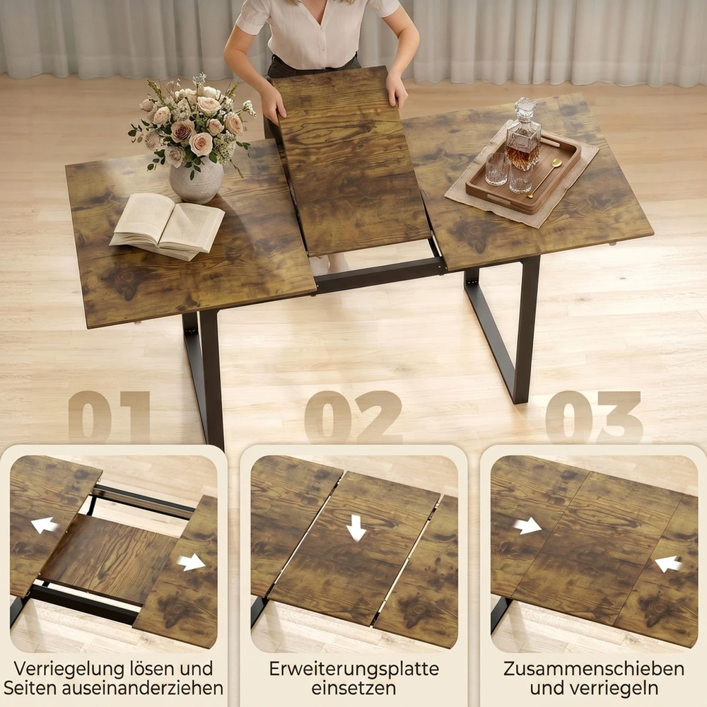 Išskleidžiamas valgomojo stalas 6–8 asmenims, su plieniniu rėmu, tigrinės medienos imitacijos ir juodas, 140–180 × 80 × 75 cm