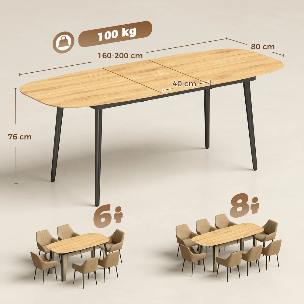 Išskleidžiamas valgomojo stalas 6–8 asmenims, ąžuolo spalvos ir juodas, 160–200 x 80 x 76 cm