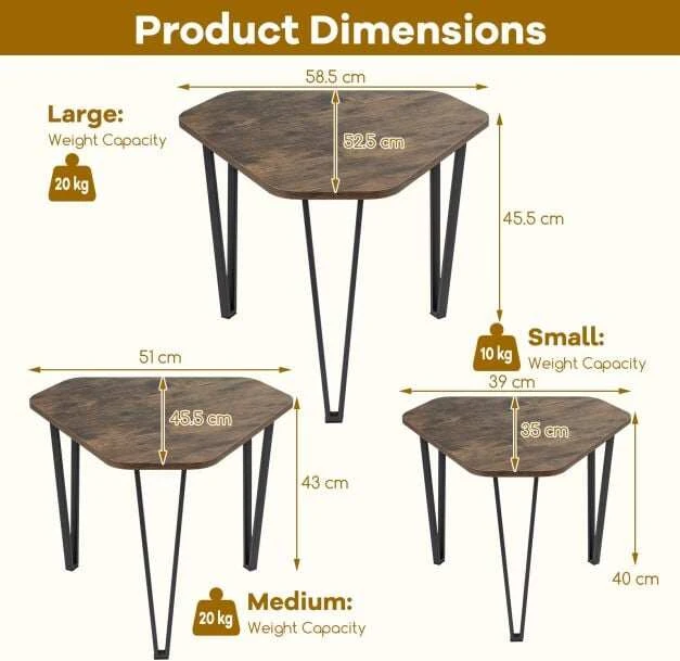 Įstatomų staliukų rinkinys su metaliniu rėmu ir 15 mm stalviršiais, kaimiškai rudas ir juodas, 58,5 × 52,5 × 45,5 cm / 51 × 45,5 × 43 cm / 39 × 35 × 40 cm, 3 vnt.