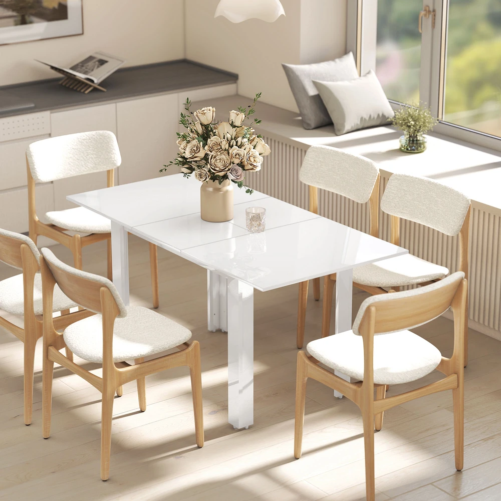 Išskleidžiamas valgomojo stalas HOMCOM, 120–160 x 70 cm, reguliuojamas virtuvės stalas 4–6 asmenims, MDF, blizgi balta spalva