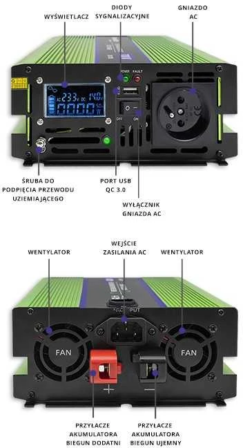 QOLTEC 51942 grynos sinusinės bangos keitiklis, monolitas / akumuliatoriaus įkroviklis / UPS / 1000 W / 2000 W / 12 V iki 230 V / LCD