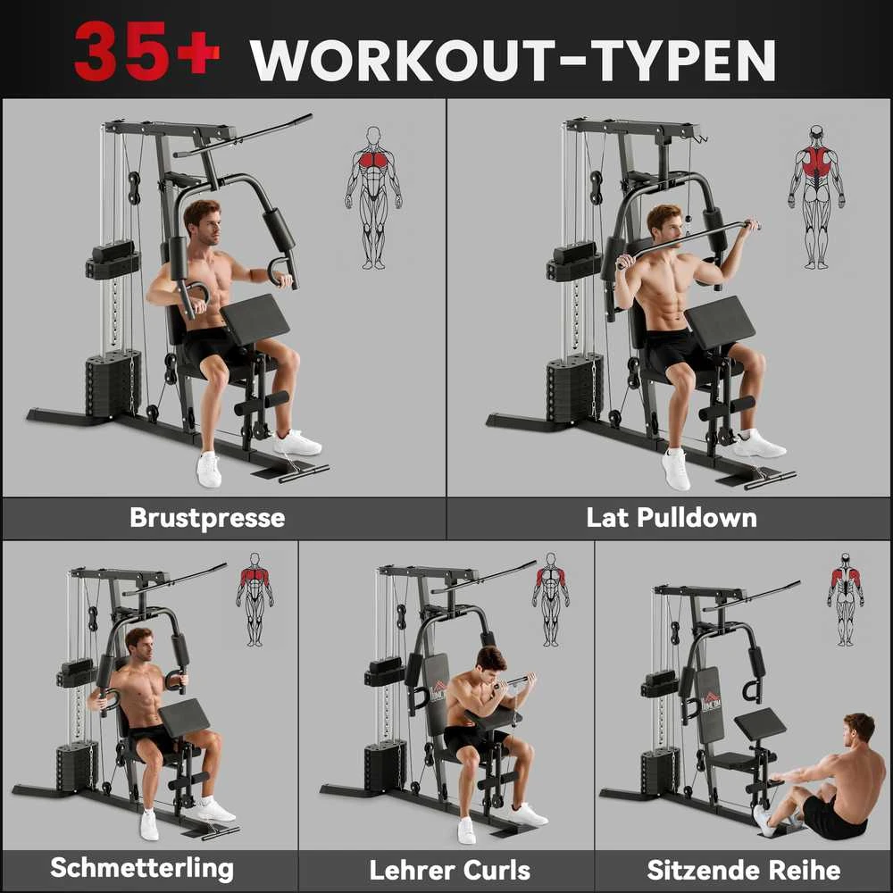 HOMCOM jėgos staklės su latissimus traukimo ir drugelio funkcija, 45 kg svorių rinkinys, plienas, dirbtinė oda, juodos spalvos, 180 x 108 x 200 cm