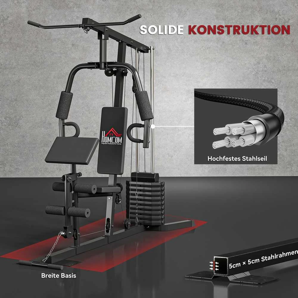 HOMCOM jėgos staklės su latissimus traukimo ir drugelio funkcija, 45 kg svorių rinkinys, plienas, dirbtinė oda, juodos spalvos, 180 x 108 x 200 cm