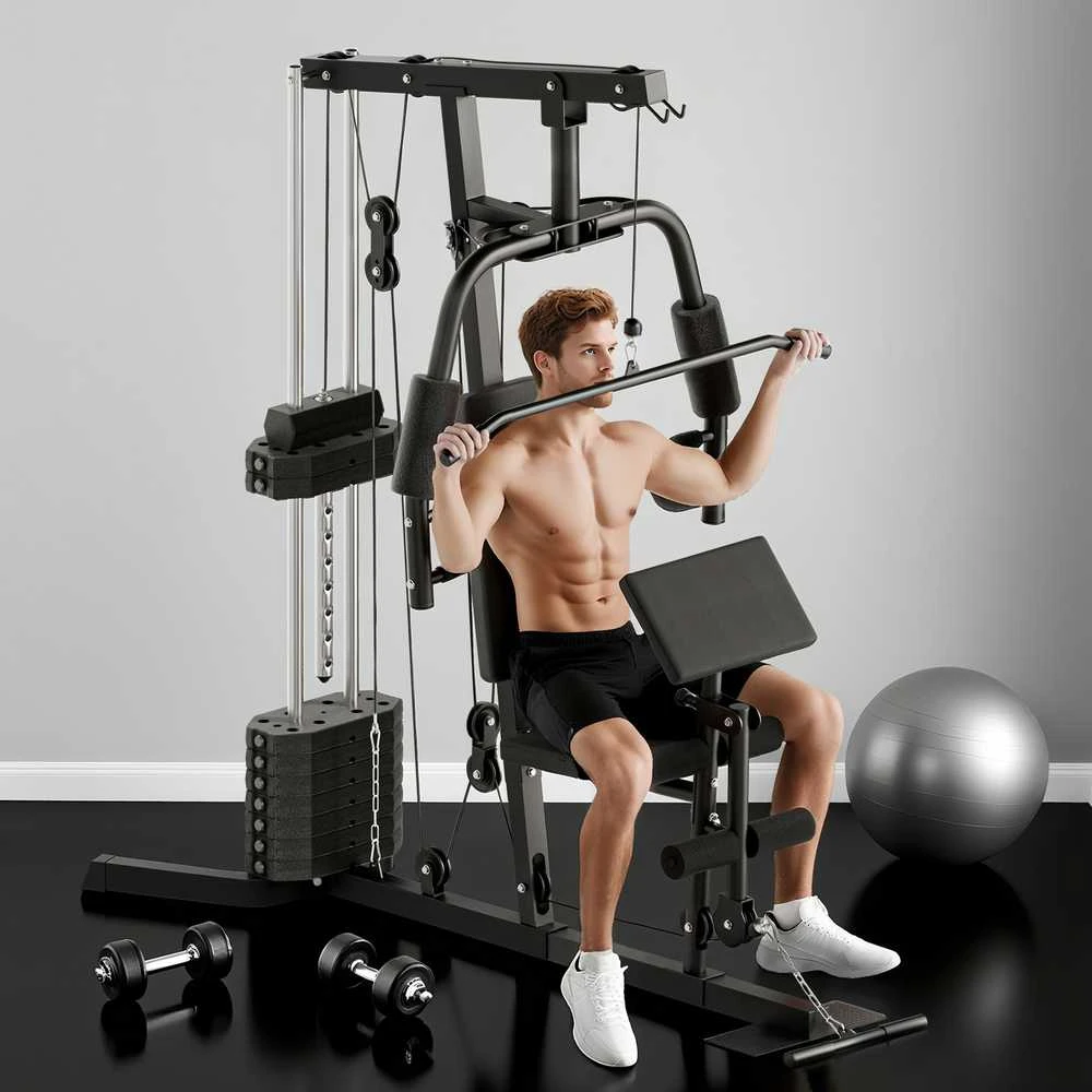 HOMCOM jėgos staklės su latissimus traukimo ir drugelio funkcija, 45 kg svorių rinkinys, plienas, dirbtinė oda, juodos spalvos, 180 x 108 x 200 cm