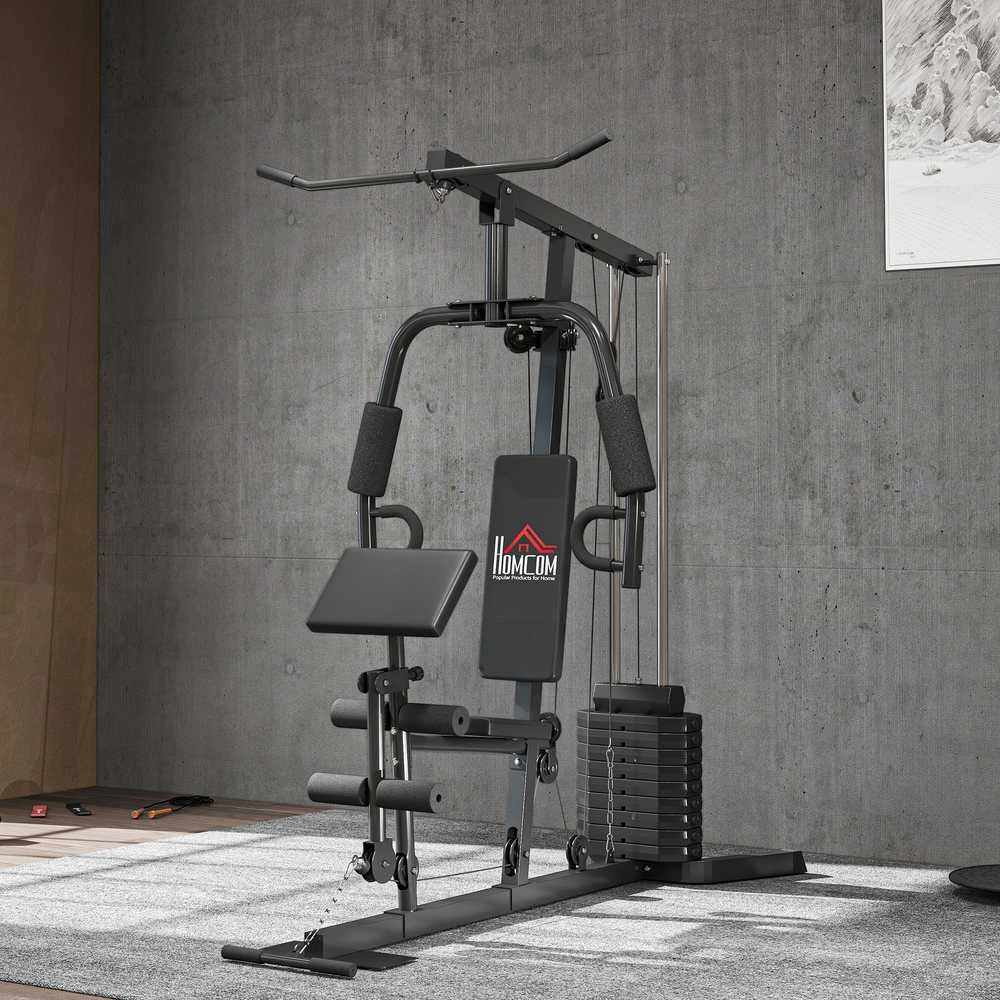 HOMCOM jėgos staklės su latissimus traukimo ir drugelio funkcija, 45 kg svorių rinkinys, plienas, dirbtinė oda, juodos spalvos, 180 x 108 x 200 cm