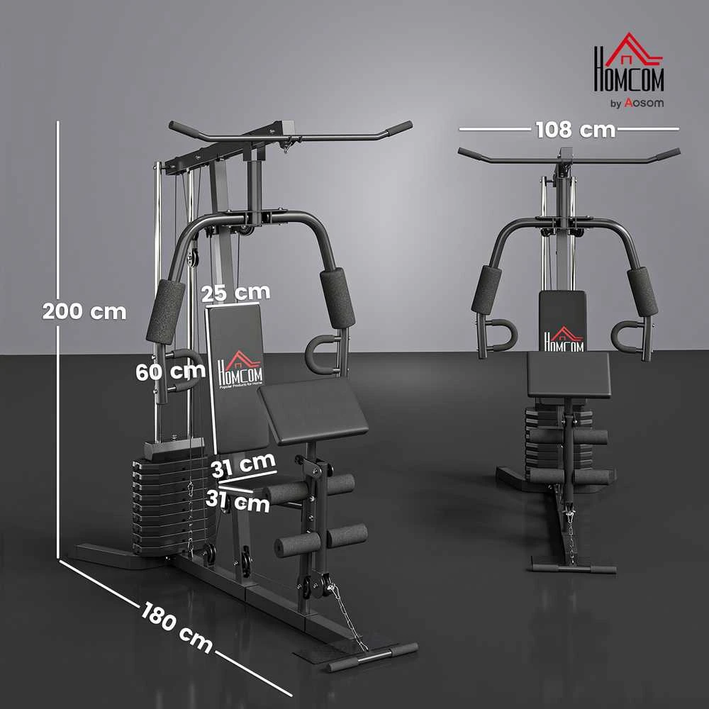HOMCOM jėgos staklės su latissimus traukimo ir drugelio funkcija, 45 kg svorių rinkinys, plienas, dirbtinė oda, juodos spalvos, 180 x 108 x 200 cm