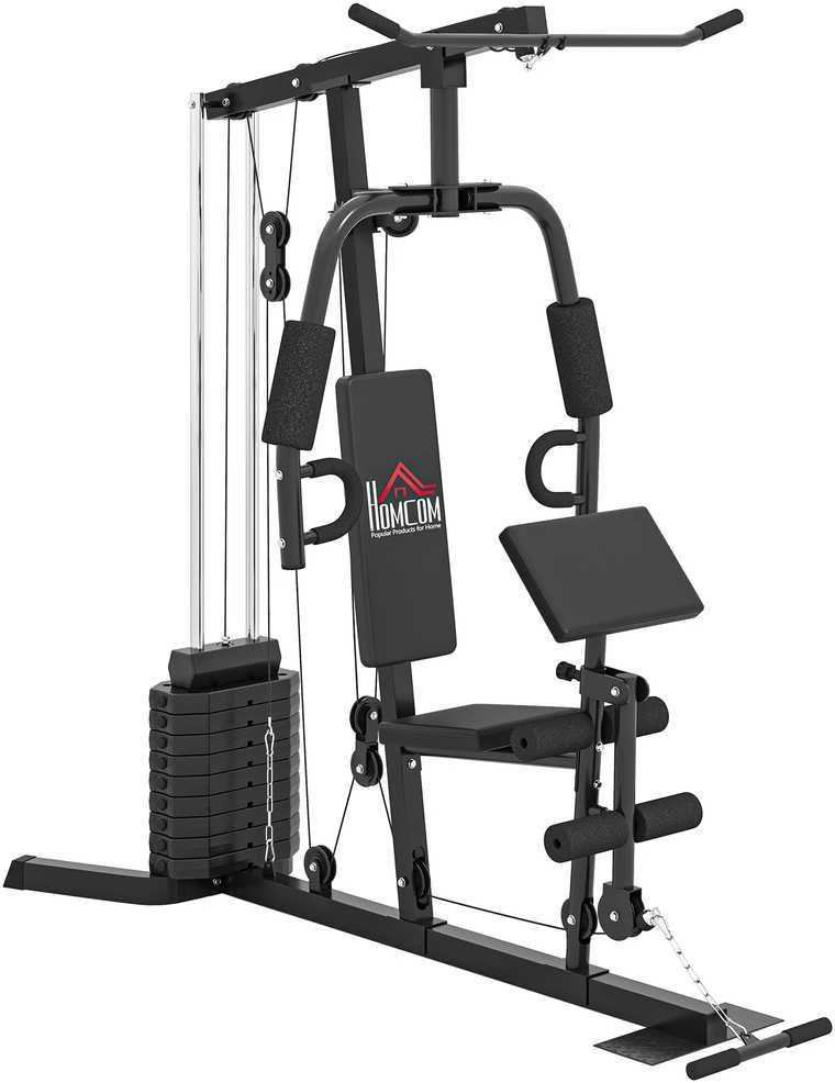 HOMCOM jėgos staklės su latissimus traukimo ir drugelio funkcija, 45 kg svorių rinkinys, plienas, dirbtinė oda, juodos spalvos, 180 x 108 x 200 cm