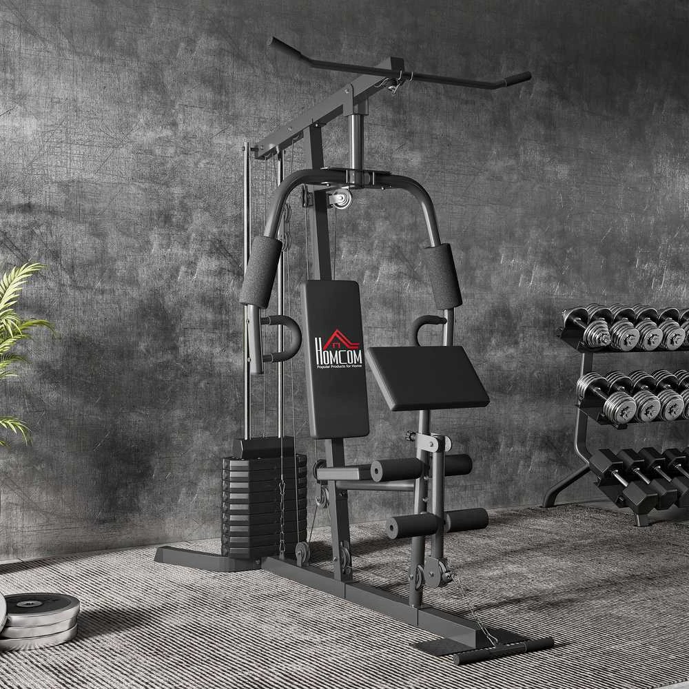 HOMCOM jėgos staklės su latissimus traukimo ir drugelio funkcija, 45 kg svorių rinkinys, plienas, dirbtinė oda, juodos spalvos, 180 x 108 x 200 cm