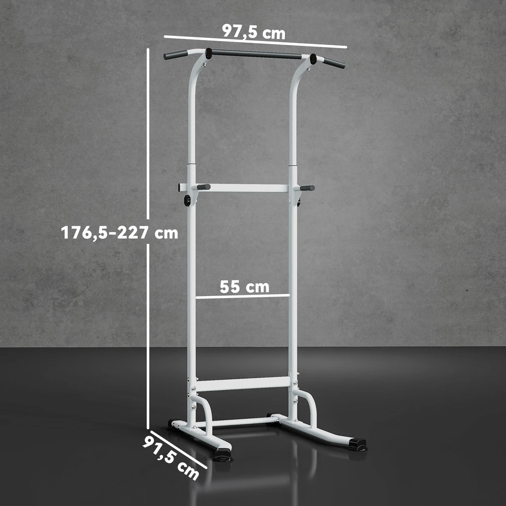 Jėgos treniruoklis su reguliuojamu aukščiu ir plieniniu rėmu, baltas, 91,5 x 97,5 x 176,5–227 cm