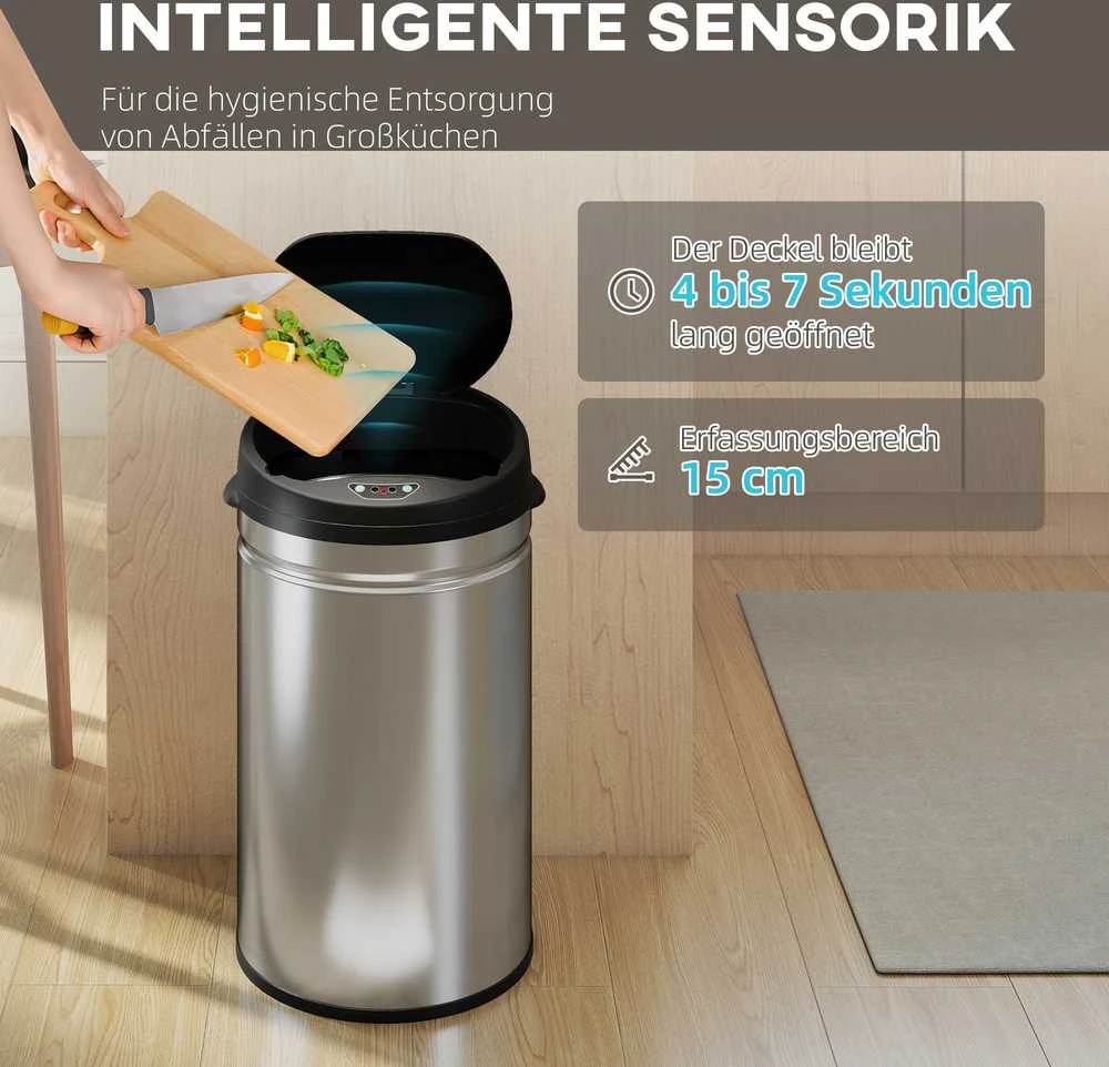 HOMCOM 30 litrų jutiklinė šiukšliadėžė su švelnaus uždarymo funkcija, bekontaktė nerūdijančio plieno šiukšliadėžė higieniškai virtuvei