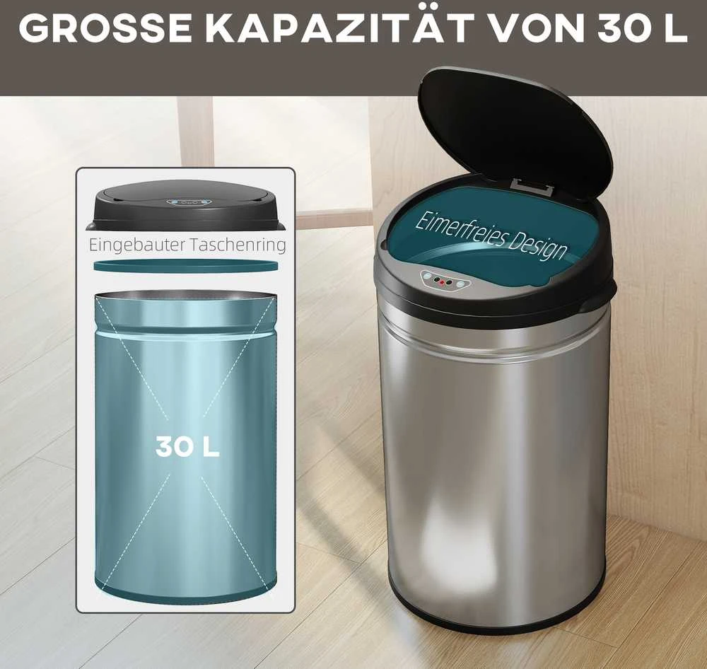 HOMCOM 30 litrų jutiklinė šiukšliadėžė su švelnaus uždarymo funkcija, bekontaktė nerūdijančio plieno šiukšliadėžė higieniškai virtuvei