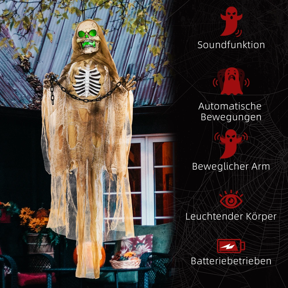 HOMCOM 183cm Helovino dekoracija Kabantis skeletas su LED žibintais, garso funkcija, priekinių durų dekoracija su reguliuojamomis rankomis, natūralaus dydžio sodo dekoracija, skirta vakarėliams