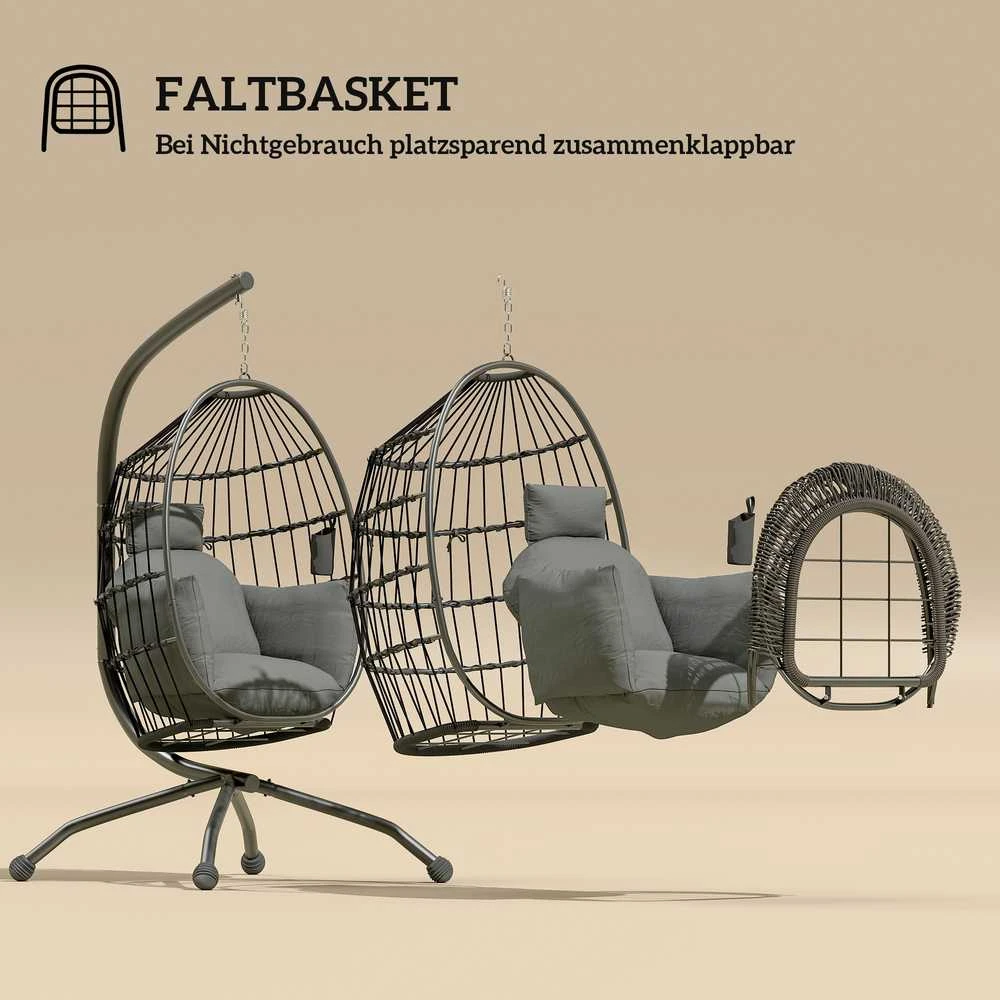 Outsunny kiaušinio formos lauko kabančioji kėdė, sulankstomos sūpynės su puodelių laikikliu, nuimamas plaunamas sėdynės užvalkalas, stovas, hamakas 1 asmeniui, supamoji kėdė terasai, sodui, juoda