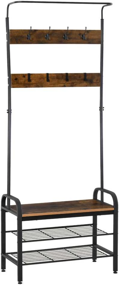 HOMCOM drabužių kabykla su batų lentyna, 8 kabliukai, 2 lentynos, MDF, juoda, 72 x 34 x 185 cm