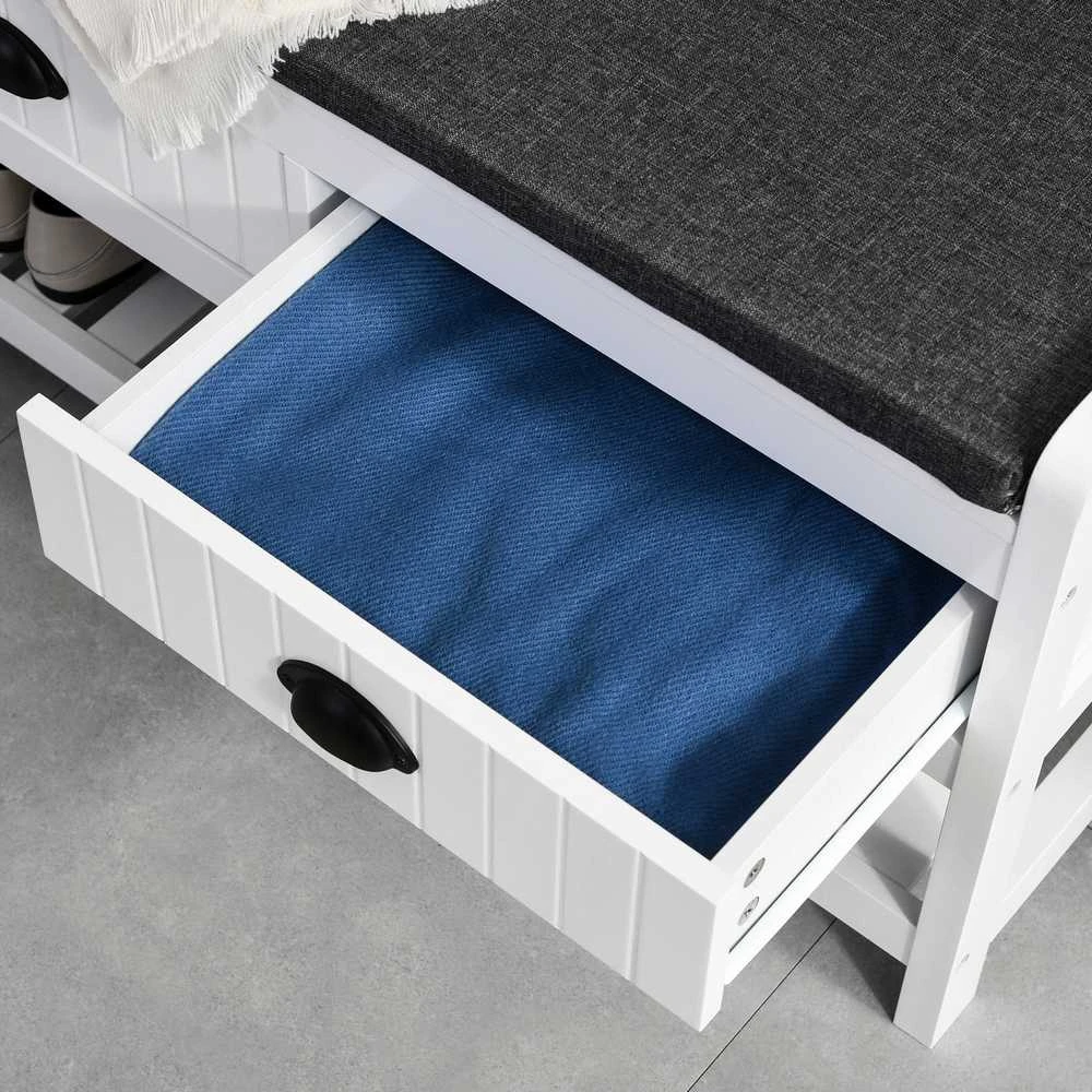 HOMCOM 2-in-1 kabykla, 4 kabliukų kabykla, kabykla su batų suoleliu ir lentynomis, striukės lentyna su apsauga nuo pasvirimo, skirta prieškambariui, prieškambariui, miegamajam, balta+pilka