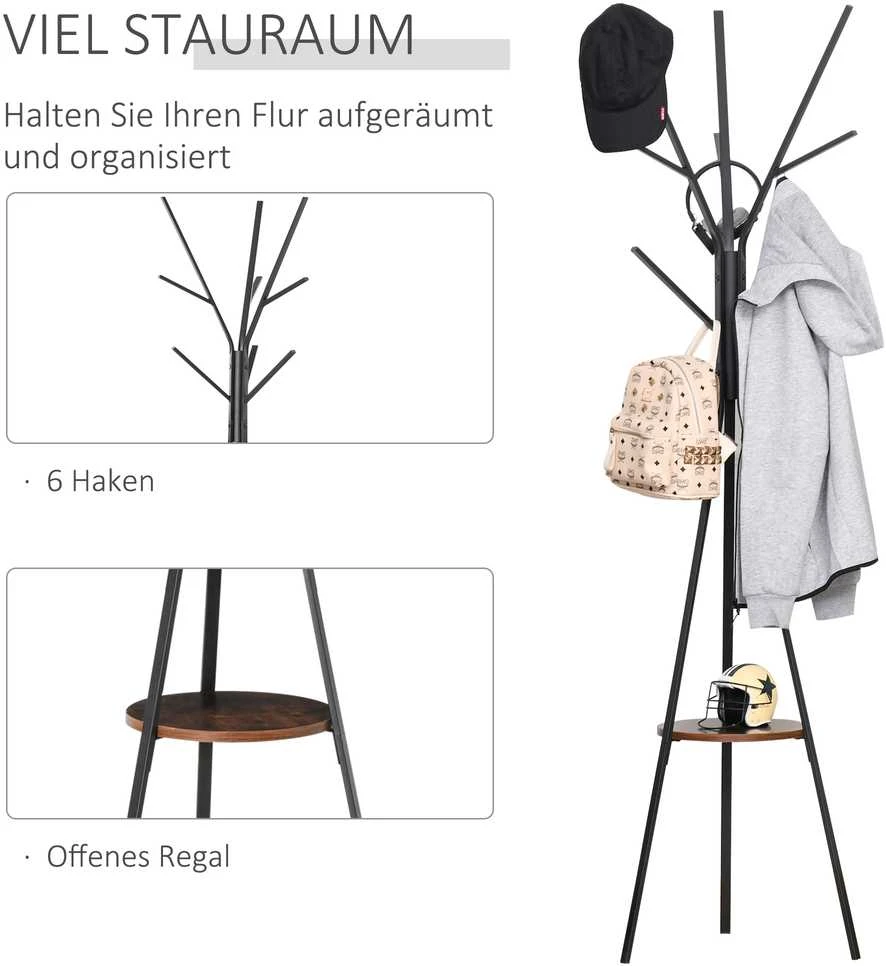 HOMCOM drabužių kabykla, kabykla su 8 kabliukais ir lentyna, pastatoma kabykla drabužiams, skrybėlėms, krepšiams, metalinė, ruda, 45x45x180 cm