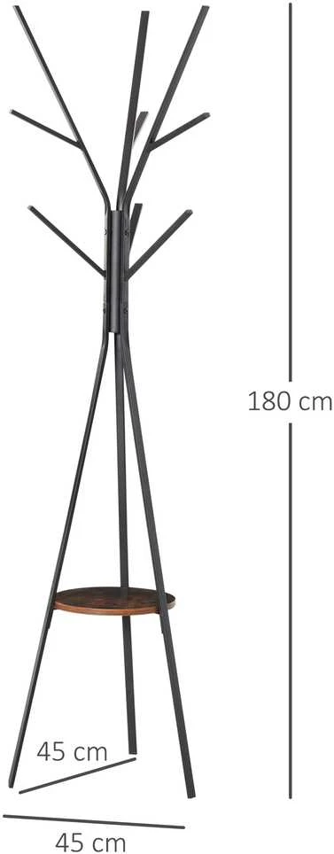 HOMCOM drabužių kabykla, kabykla su 8 kabliukais ir lentyna, pastatoma kabykla drabužiams, skrybėlėms, krepšiams, metalinė, ruda, 45x45x180 cm