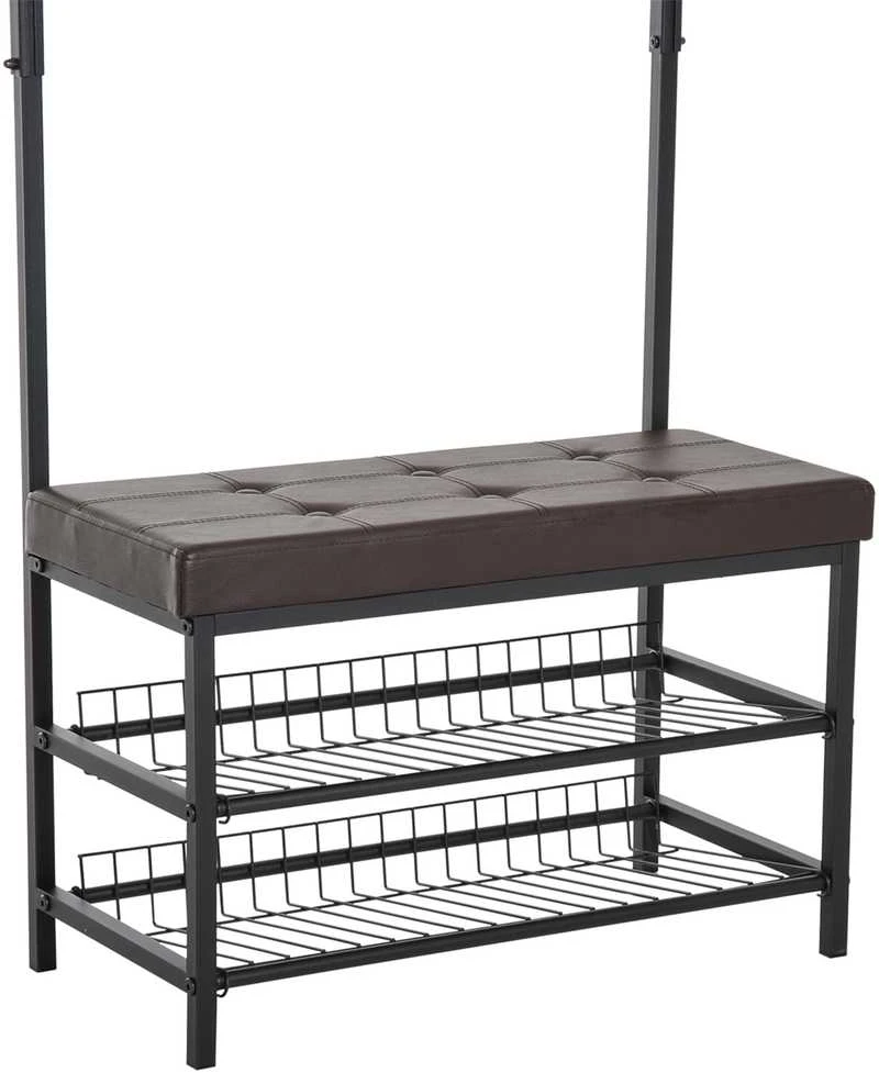 HOMCOM rūbų kabykla su suoliuku, drabužių kabykla ir batų lentyna, metalinė, 2 batų lentynos, sėdimoji vieta, 72,5x35x180 cm