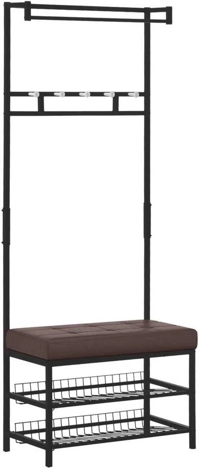 HOMCOM rūbų kabykla su suoliuku, drabužių kabykla ir batų lentyna, metalinė, 2 batų lentynos, sėdimoji vieta, 72,5x35x180 cm