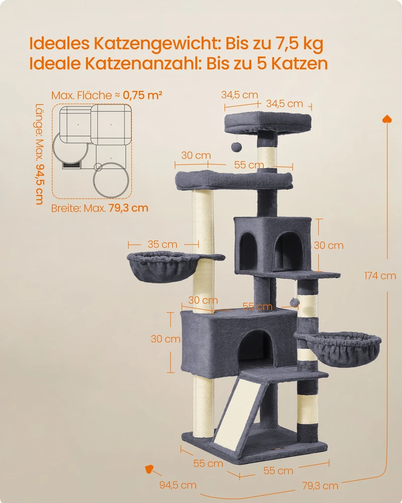 Songmics Kačių draskyklė su didele platforma ir dviguba ertme, tamsiai pilka, 174 cm