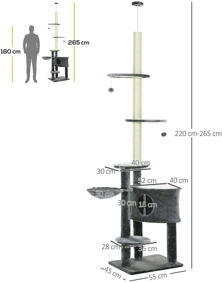 PawHut lubinis draskyklė, reguliuojamo aukščio 220-265 cm, su sizalio stulpais, žaisliniu kamuoliuku, katės guoliu ir nameliu, tamsiai pilka