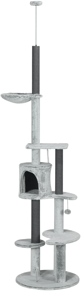 PawHut draskyklė iki lubų, kačių medis, 225-255 cm, su kačių nameliu, draskymo stulpais, krepšiu, žaisliniu kamuoliuku, kačių baldai su apsauga nuo apvirtimo, pilka