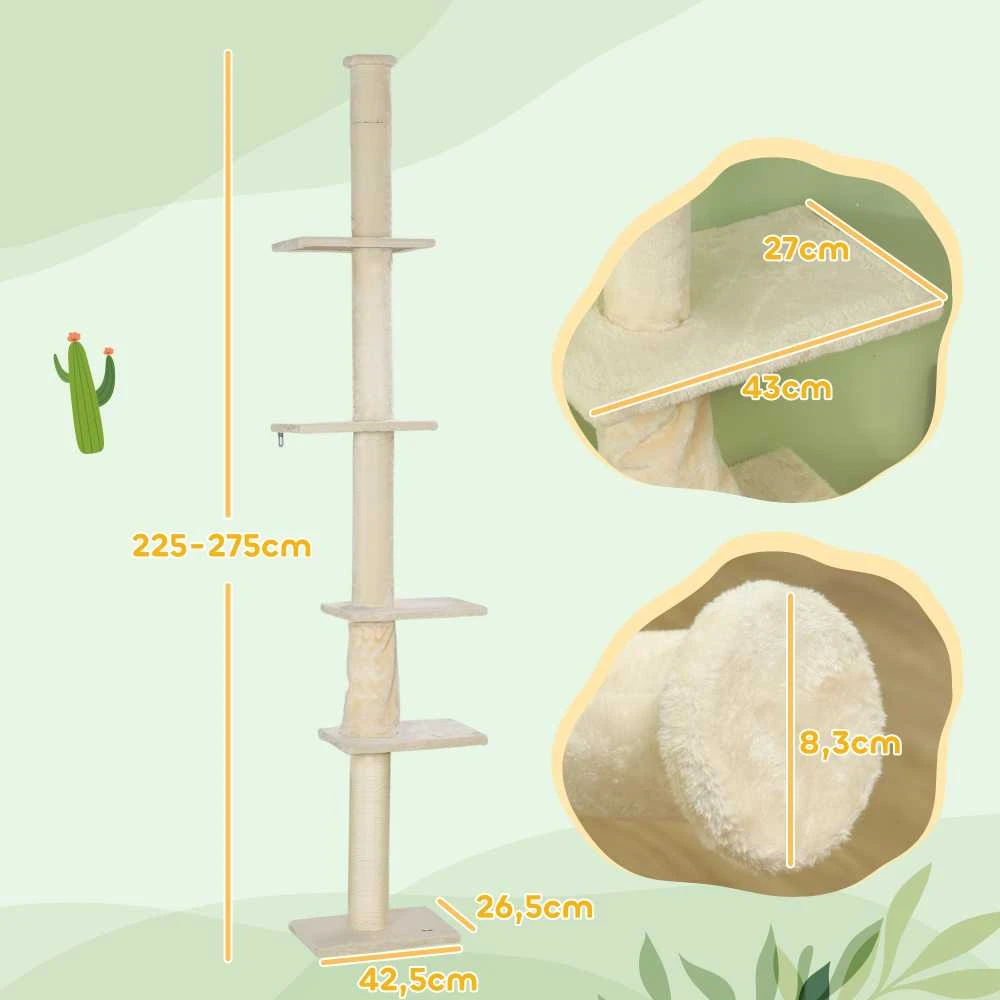 PawHut kraustyklė iki lubų, draskyklė katėms, 225–275 cm kačių draskyklė su platformomis, kačių baldai su apsauga nuo apvirtimo, kreminė balta