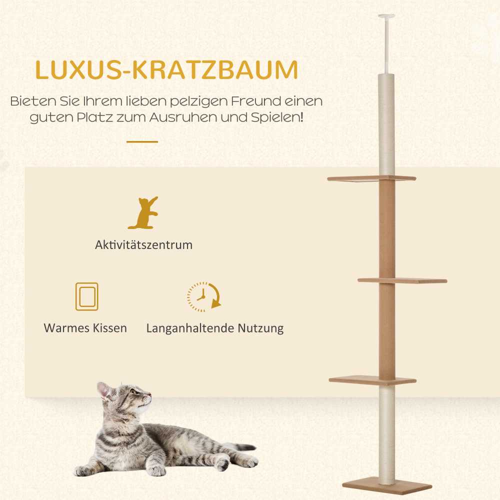 PawHut reguliuojamo aukščio draskyklė katėms, laipynė, žaidimų medis, chaki spalvos, 43x27x228-260cm