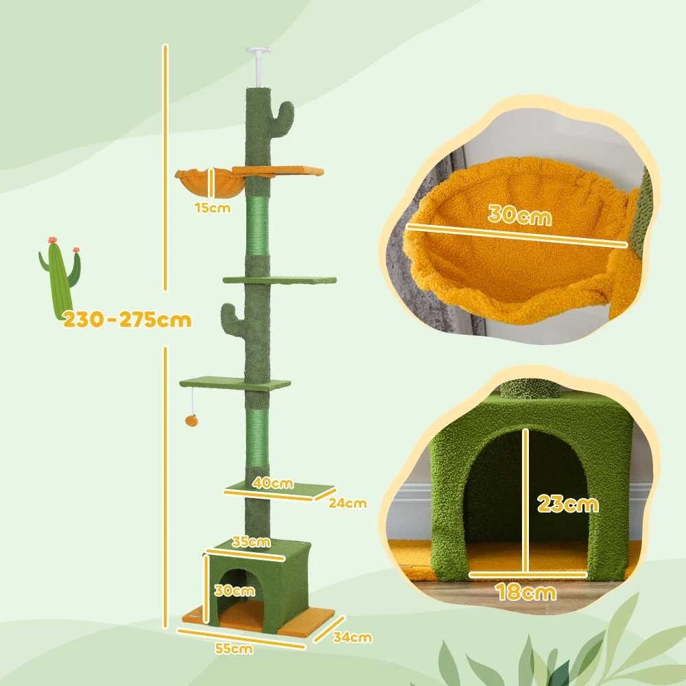 PawHut katės draskyklė, montuojama iki lubų, 230-275 cm, su nameliu, draskymo stulpais, žaisliniu kamuoliuku, apsauga nuo apvirtimo, žalia