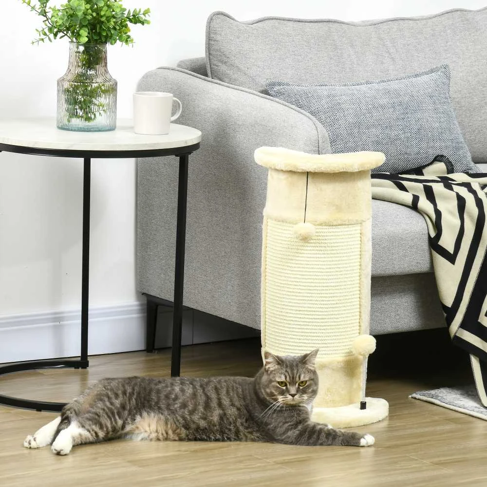 PawHut kampinis draskyklės stulpas 58 cm, draskyklė katėms su draskymo kamuoliuku, iš sizalio, kreminės baltos spalvos
