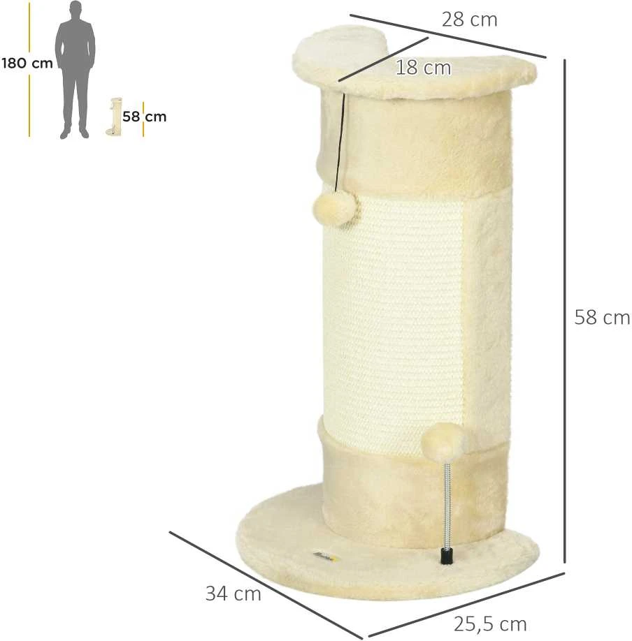 PawHut kampinis draskyklės stulpas 58 cm, draskyklė katėms su draskymo kamuoliuku, iš sizalio, kreminės baltos spalvos