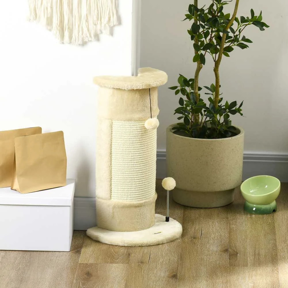 PawHut kampinis draskyklės stulpas 58 cm, draskyklė katėms su draskymo kamuoliuku, iš sizalio, kreminės baltos spalvos