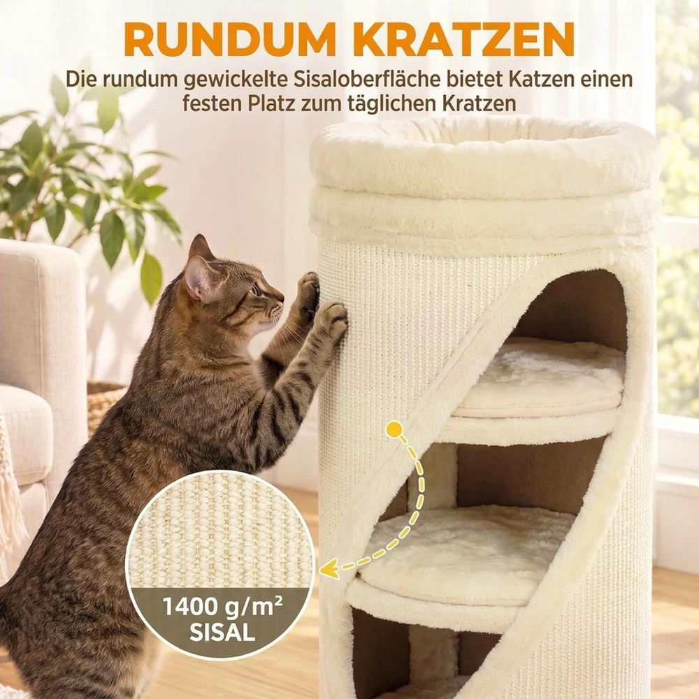 Kačių draskyklė 4 aukštų su nuimamu plaunamu guoliu, smėlinė, 75 cm