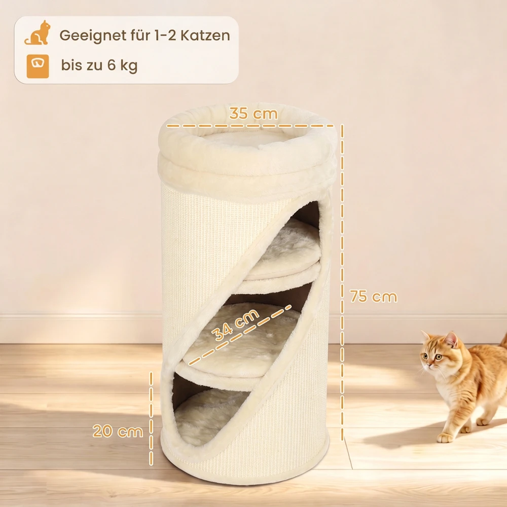 Kačių draskyklė 4 aukštų su nuimamu plaunamu guoliu, smėlinė, 75 cm