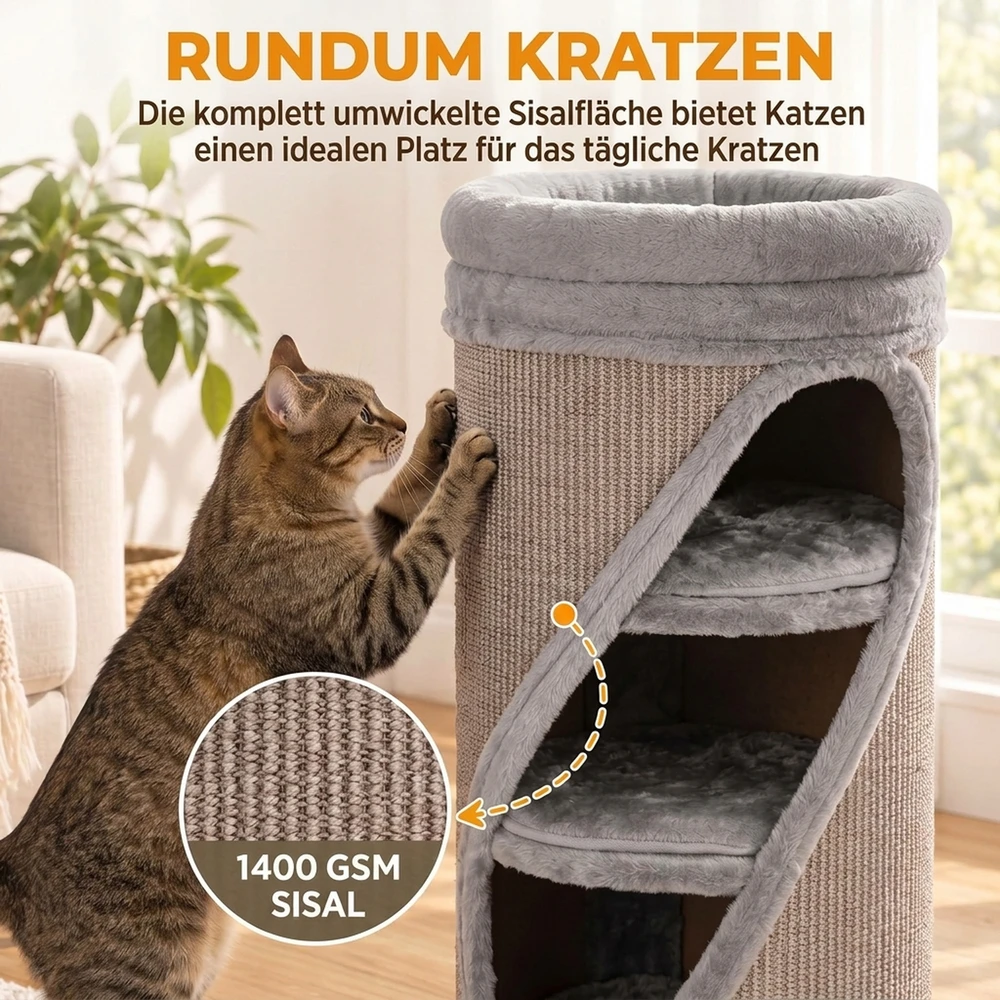 Kačių draskyklė, 4 aukštų, su skalbiamu guoliu, pilka, 75 cm