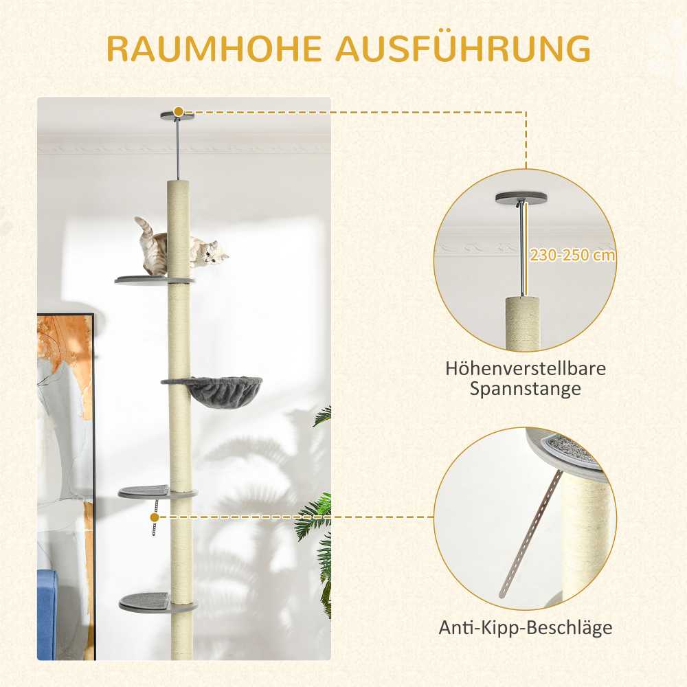 PawHut draskyklė katėms iki lubų, 230-250 cm, su hamaku, reguliuojamo aukščio, pilka+kreminė