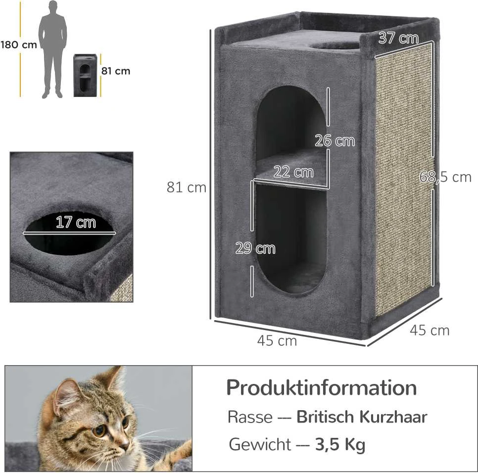 PawHut 81 cm draskyklė-namelis, tvirtas kačių draskyklės bokštas su 2 urvais, 2 aukštais katėms iki 6kg, tamsiai pilkas